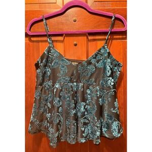 Wild Fable Women Black Green Floral Velvet Burnout Camisole Peplum Top Medium